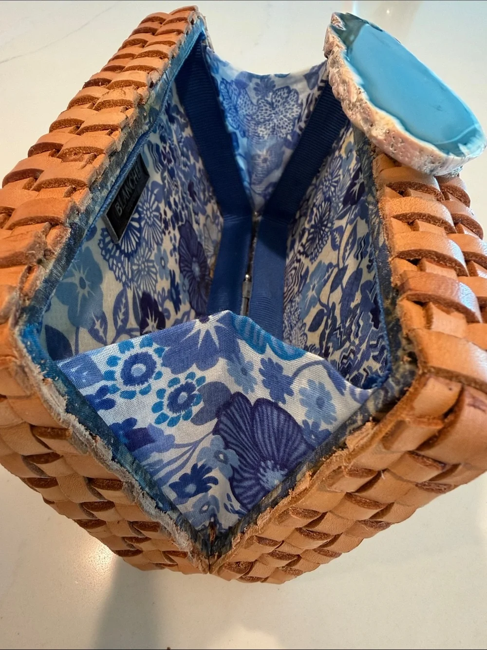 Woven Tan Leather Phone Case with Blue Agate Accent